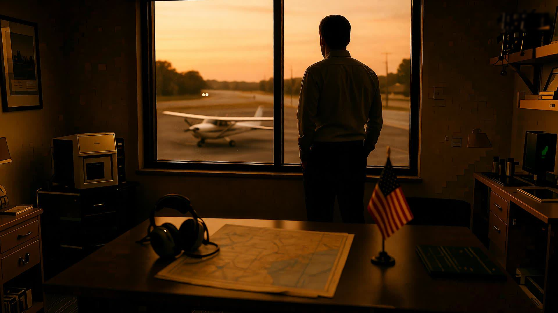 Luminary Augmenters operator at a flight school hangar at sunset